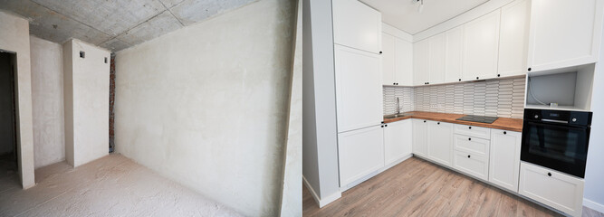 Comparison of old kitchen room and new place with parquet floor, kitchen counter, stove and white...