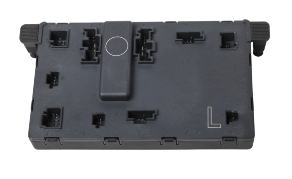 Plastic electronic control unit with black and blue connectors on a white isolated background in a photo studio. Spare part for sale or repair of car electronics in a car service.