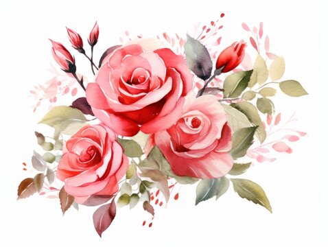 Watercolor bouquet of roses. Hand painted illustration isolated on white background. Generative AI