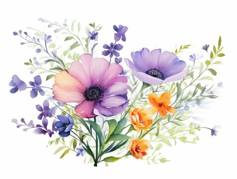 Beautiful vector image with nice watercolor anemones and flowers Generative AI