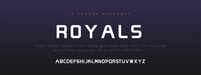 Royals Abstract Quality font alphabet. Minimal modern urban fonts for logo, brand etc. Typography typeface with small and capital alphabet and number. vector illustration
