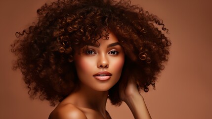 An elegant portrait of a african american young woman with voluminous curly hair in afro style