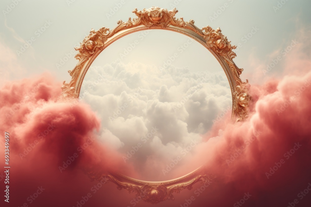 Poster A mirror with a stunning backdrop of clouds. Perfect for adding a touch of elegance and nature to any project