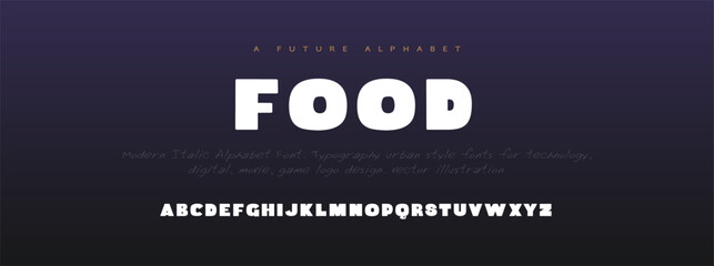 Food Abstract Quality font alphabet. Minimal modern urban fonts for logo, brand etc. Typography typeface with small and capital alphabet and number. vector illustration