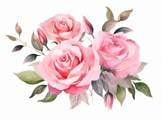 Pink roses bouquet isolated on white background. Watercolor illustration. Generative AI