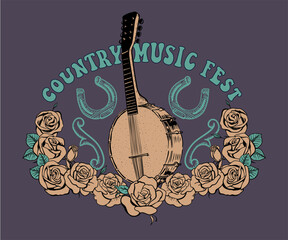 country music festival poster design, western folk music artwork for t shirt, sticker, poster, graphic print, banjo with rose vector  - obrazy, fototapety, plakaty
