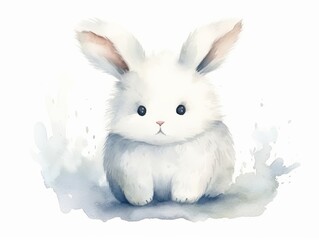 Cute cartoon white bunny. Watercolor illustration on white background. Generative AI