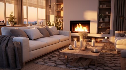Cozy living room with contemporary furniture and a fireplace