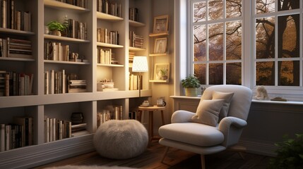 Inviting reading nook with a comfy chair and built-in bookshelves