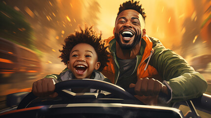 father and child driving go kart on the track - obrazy, fototapety, plakaty