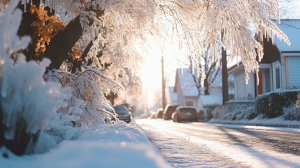 A car driving down a snowy street. Suitable for winter-themed designs or travel-related projects