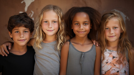 4 school age friends, group photo outside, neutral smiles.