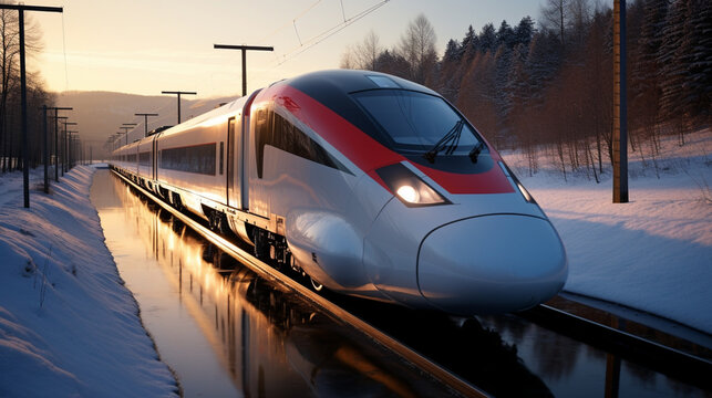 Beautiful photo of high speed modern commuter train, motion blur.