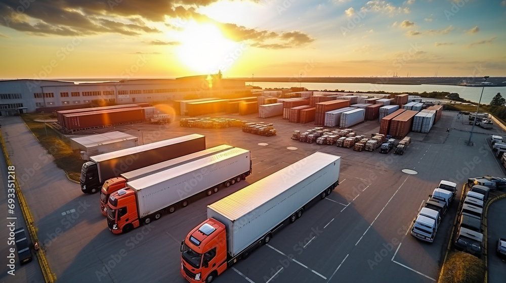 Wall mural modern logistics center. trucks in the logistics center