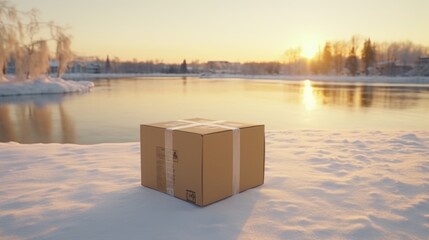 A cardboard box sitting on top of snow-covered ground. Can be used to depict winter storage or shipping