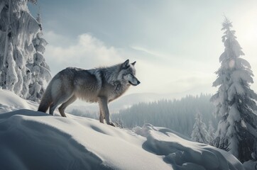 Wolf on snowy mountain massive. Wild arctic grey predator on frost hill edge. Generate ai