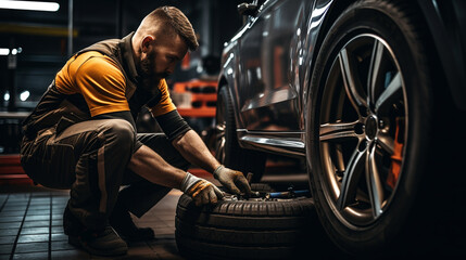 Mechanic changing tires in a car service - obrazy, fototapety, plakaty