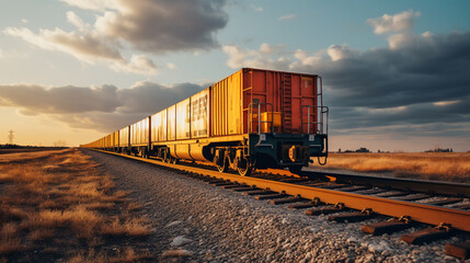 Train moves by rail, delivery of goods by freight train. Train carriages at the station - obrazy, fototapety, plakaty