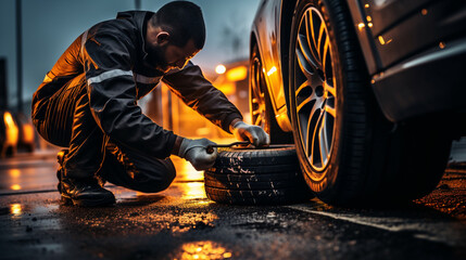 Mechanic changing tires in a car service - obrazy, fototapety, plakaty