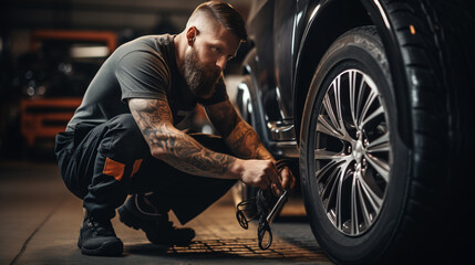 Fototapeta na wymiar customer tire fitting in the car service, auto mechanic checks the tire and rubber tread for safety, concept: repair of machines, fault diagnosis, repair