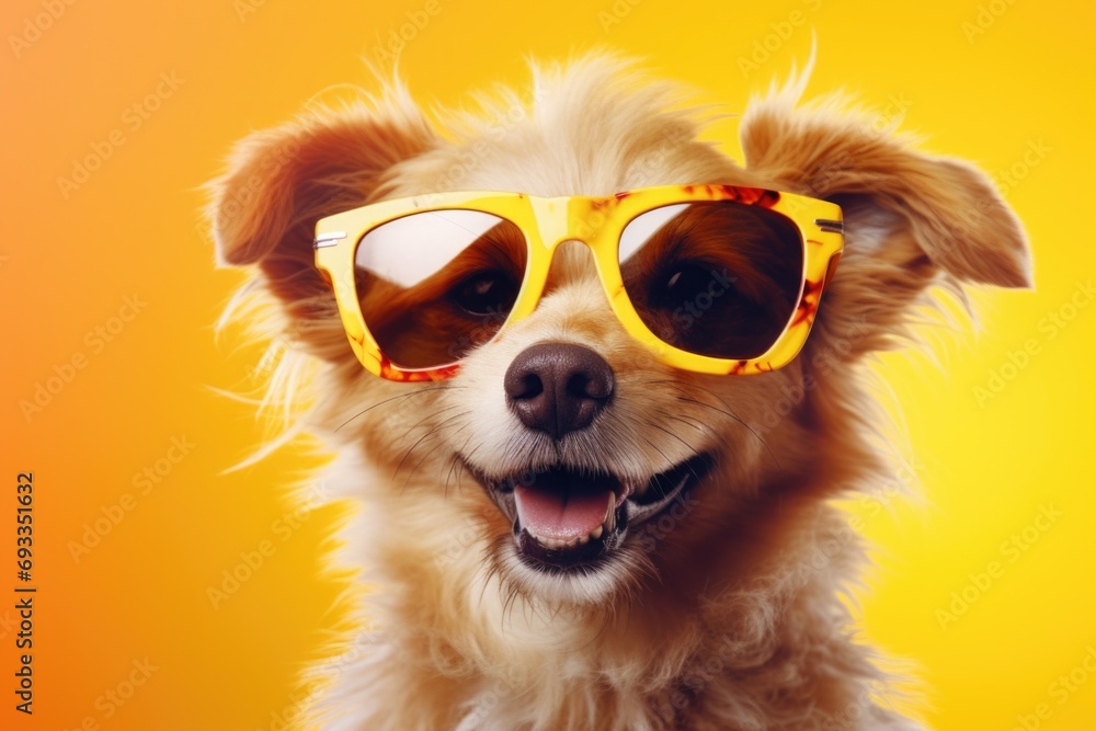 Aufkleber A dog wearing sunglasses poses on a vibrant yellow background. Perfect for adding a fun and stylish touch to any project