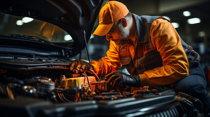 Mechanic with scan tool diagnosing car in open hood