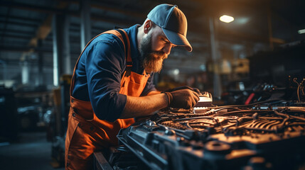 Mechanic with scan tool diagnosing car in open hood
