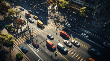Aerial photo top view of people walk on street in the city over pedestrian crossing traffic road - obrazy, fototapety, plakaty