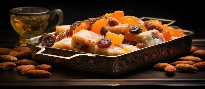 Tray filled with Desi halwa, adorned with dry fruits.