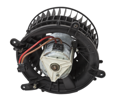 Heater fan - spare part and element of car air conditioning system on white isolated background. Auto service industry. Spare parts catalog.