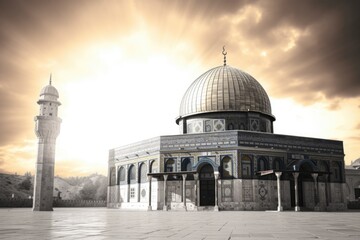 Obraz premium A black and white photo capturing the beauty of a mosque. Perfect for adding a touch of elegance to any project