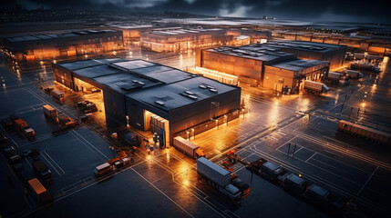 Night aerial view of a warehouse of goods for online stores. Logistic center in the industrial area of the city from above. - obrazy, fototapety, plakaty