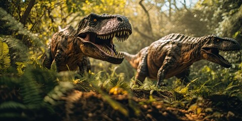 Ancient T-Rex in a jurassic forest, fearsome predators with sharp teeth, powerful and wild.