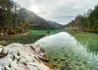 Bavarian Autumn Lake scene with crystal clear water reflections 