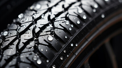 winter tire, friction for snow and ice. asymmetrical tread pattern. close-up on a black background.