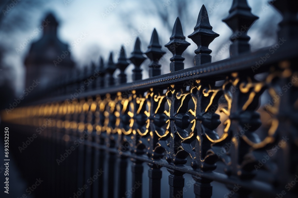 Poster A detailed view of a wrought iron fence. Perfect for adding an elegant touch to any project or design
