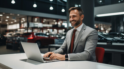 car seller in suit in car salon.