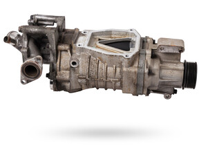 Turbo charger installed for power booster torque drive on white isolated background. Auto service...