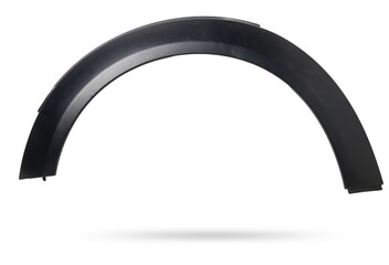 Black plastic fender flare on a white isolated background in a photo studio for sale or replacement...