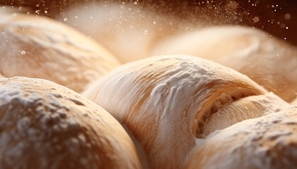 Close up view of freshly baked, organic and natural bakery products with details and textures