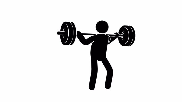 Pictogram man squats with barbell. Stickman trains with barbell. Looping animation with alpha channel.