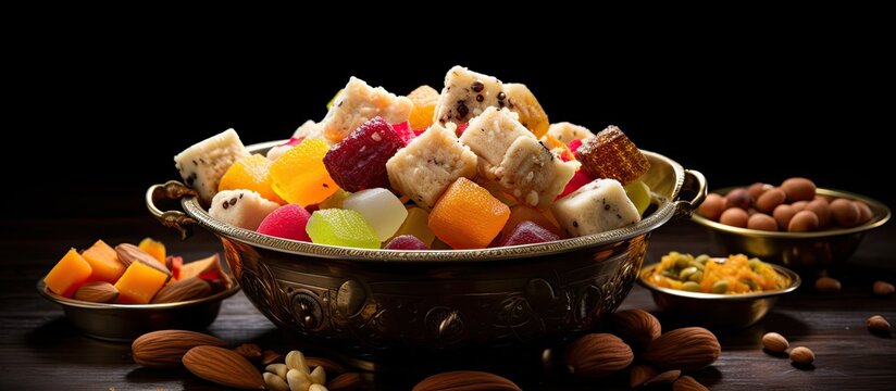 Selective focus on bowl of assorted Indian sweets/mithai for Diwali or other festivals.