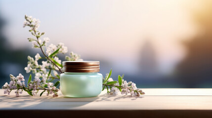 Cosmetic cream jar on a light mint green gradient woodtone background surrounded by violet flowers concept natural cosmetics skincare copy space flower cosmetology aroma care aromatic alternative body
