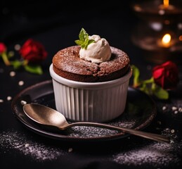 Chocolate souffle with whipped cream and rose petals. Generative AI.