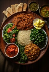 A vibrant Ethiopian platter with injera bread, doro wat, , collard greens, and colorful vegetable sides. Generative AI.