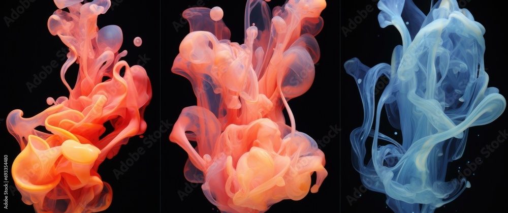 Poster colorful fluid forms dance and intertwine in a mesmerizing display of abstract beauty. generative ai