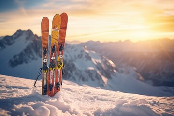 Skis sitting on top of a snow covered slope. Perfect for winter sports and outdoor activities - obrazy, fototapety, plakaty