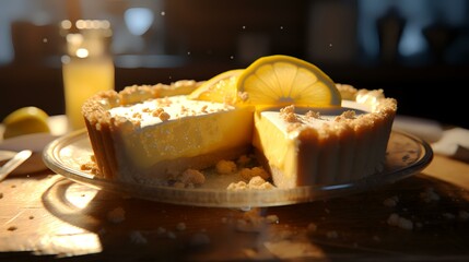 Lemon cake with fresh lemon on a wooden table in a cafe