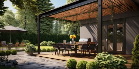 Stylish outdoor area with pergola, awning, dining set, grill, and landscape surroundings.