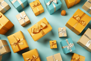 Top view of many colored gift boxes wrapped with golden ribbons on cyan background. Cyber Monday, Black Friday, Christmas sale background with copy space. Online holiday shopping concept.